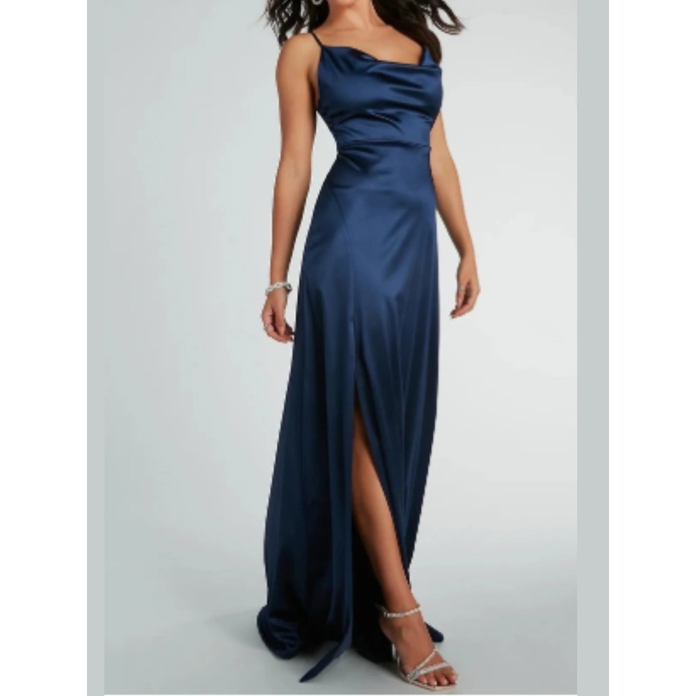 Windsor Cowl Neck Maxi Dress XS Navy Blue Satin High Slit Glam Formal Gown